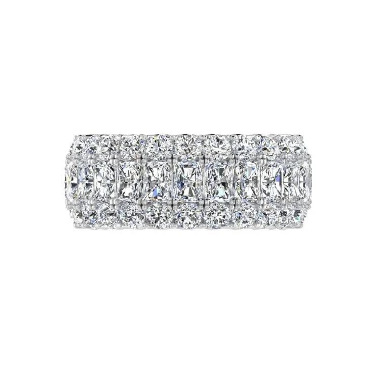 Gold Diamond Rings for Luxurious Feel-Three Row Radiant and Round Diamonds Wedding Band