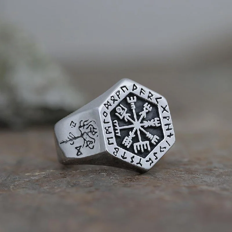 Cool rings with trendy designs for youth -Valknut Compass Stainless Steel Viking Ring