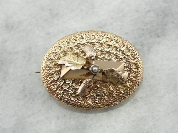 Sleek brooches and pins with floating stone settings -Victorian Acorn and Leaves Brooch with Seed Pearl Detail