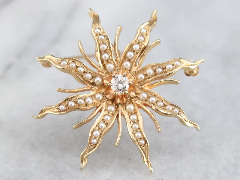 Sleek brooches and pins with floating stone settings -Victorian Diamond Pearl Starburst Brooch