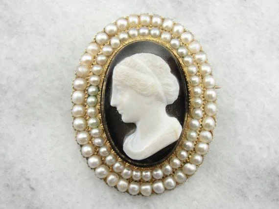 Quartz brooches and pins with clear stone elegance -Victorian Mourning Cameo Seed Pearl Brooch