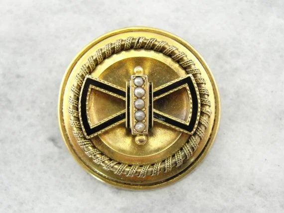 Brooches and pins perfect for thoughtful gift ideas -Victorian Seed Pearl Enamel Gold Brooch