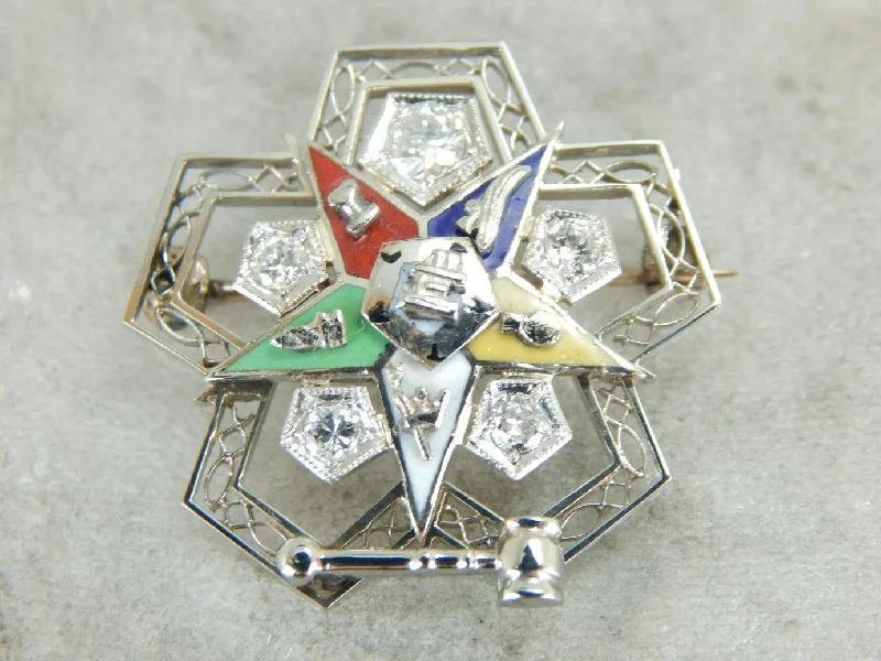 Retro brooches and pins with vintage stone charm -Vintage Art Deco Era Diamond Eastern Star Brooch with Engraved Back