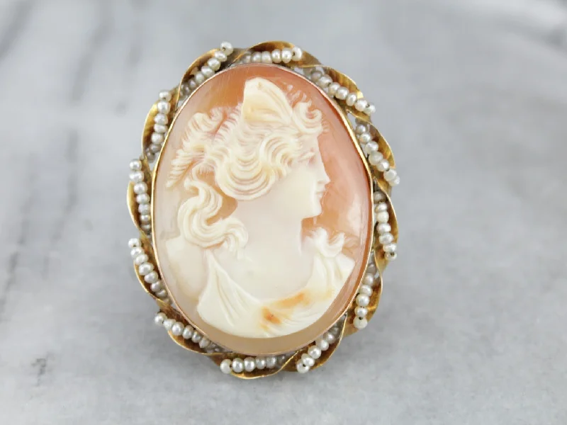 Brooches and pins perfect for holidays with gems -Vintage Cameo Brooch or Pendant with Seed Pearl Accents