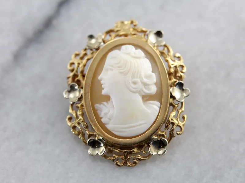 Brooches and pins featuring rose quartz for love -Vintage Cameo Brooch with Lovely Floral Frame