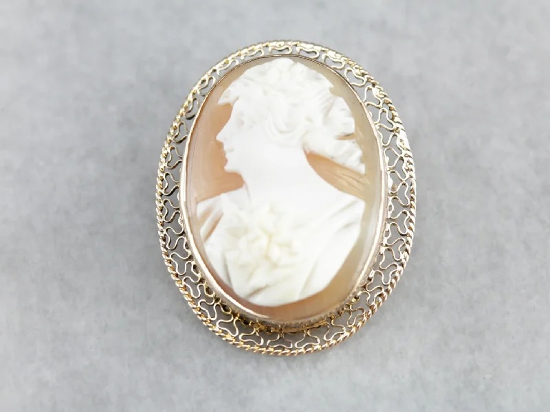 Geometric brooches and pins with sharp stone flair -Vintage Cameo Gold Filigree Brooch