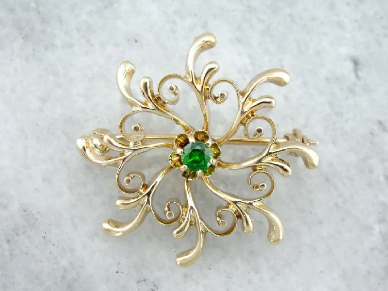 Brooches and pins featuring ruby for red charm -Vintage Demantoid Garnet Brooch, Victorian Revival Pin in Yellow Gold