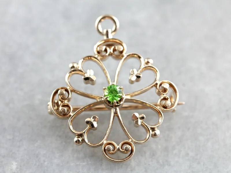 Vintage brooches and pins with ornate stone details -Vintage Demantoid Garnet Ornate Gold Brooch or Pendant