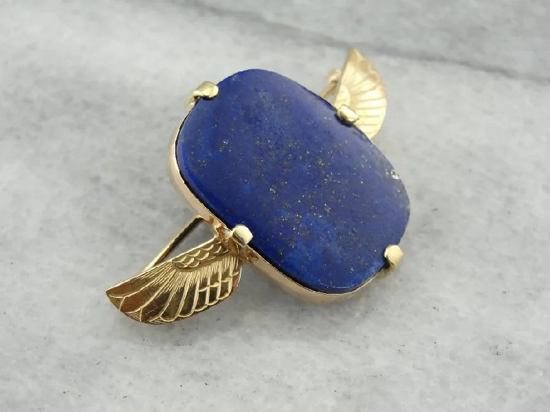 Oversized brooches and pins for dramatic flair -Vintage Egyptian Revival Lapis Brooch with Wing Details