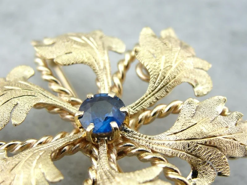 Gold brooches and pins for classic accessory shine -Vintage Floral Brooch or Pendant with Sapphire Center