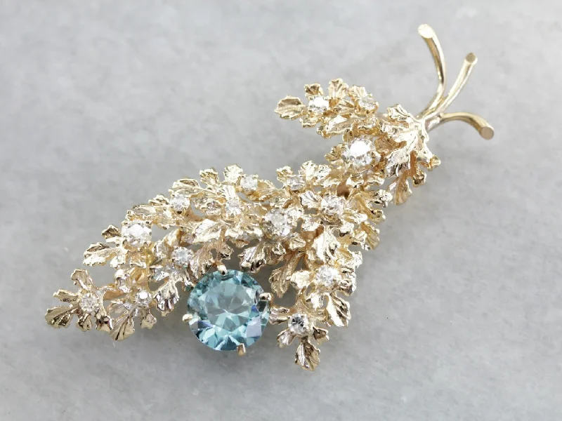 Brooches and pins featuring citrine for golden warmth -Vintage Glittering Floral Blue Zircon and Diamond Brooch