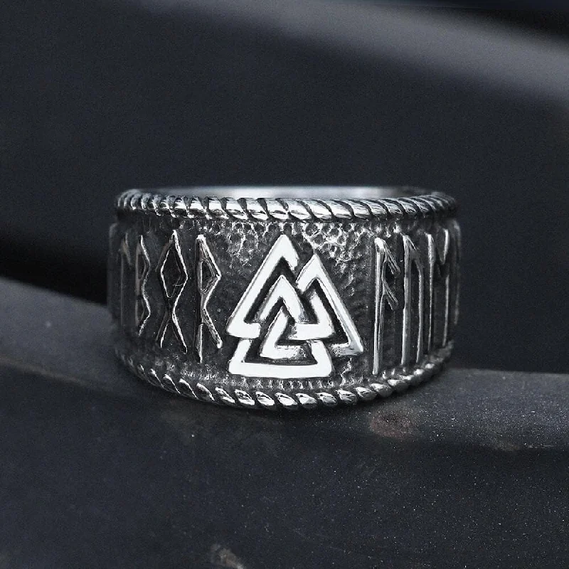 Rings perfect for holidays with gem cheer -ODIN Runes Valknut 316L Stainless Steel Viking Ring