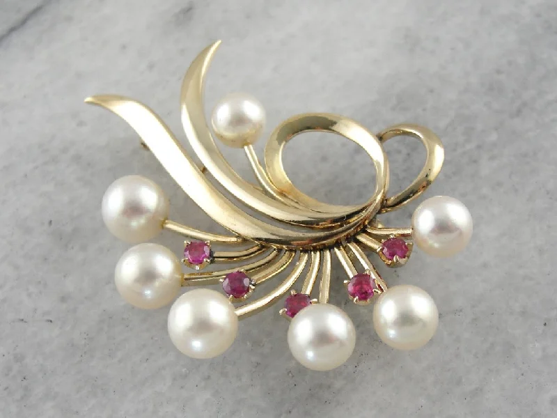 Light brooches and pins for all-day wear ease -Vintage Pearl and Ruby Brooch in Yellow Gold, Abstract Statement Pin