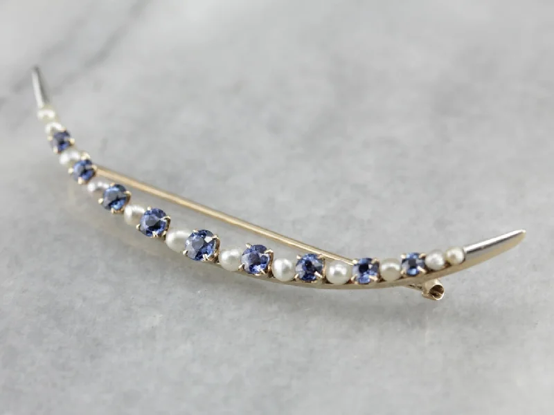 Glam brooches and pins perfect for evening sparkle -Vintage Sapphire and Pearl Crescent Moon Brooch