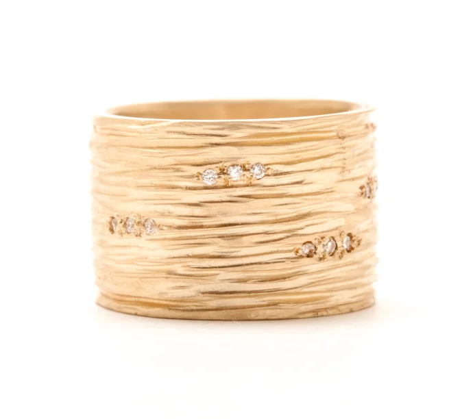 Diamond Rings for Teachers' Decoration-Wide Carved Lines With Pave Set Diamonds Band by Rebecca Overmann