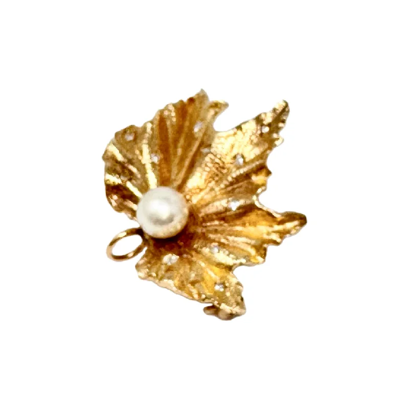 Tribal brooches and pins with ethnic stone flair -14K Gold Leaf Pin with Pearl and Diamonds