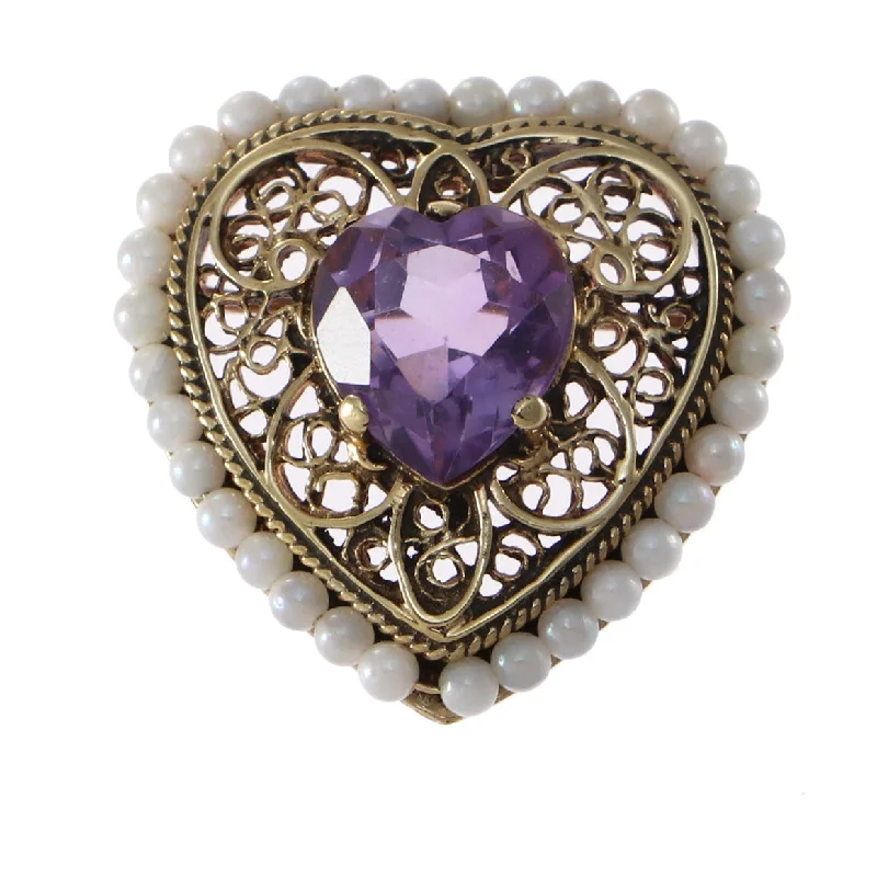 Brooches and pins with opal for iridescent shine -3.66CT Heart Shape Amethyst Seed Pearl Brooch Pin 14k Yellow Gold 1880s Antique