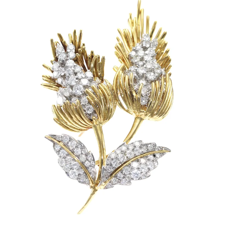 Brooches and pins with amethyst for purple grace -4.50CTW Diamond Cluster Large Lily Flower Brooch Pin Solid 18k Yellow Gold