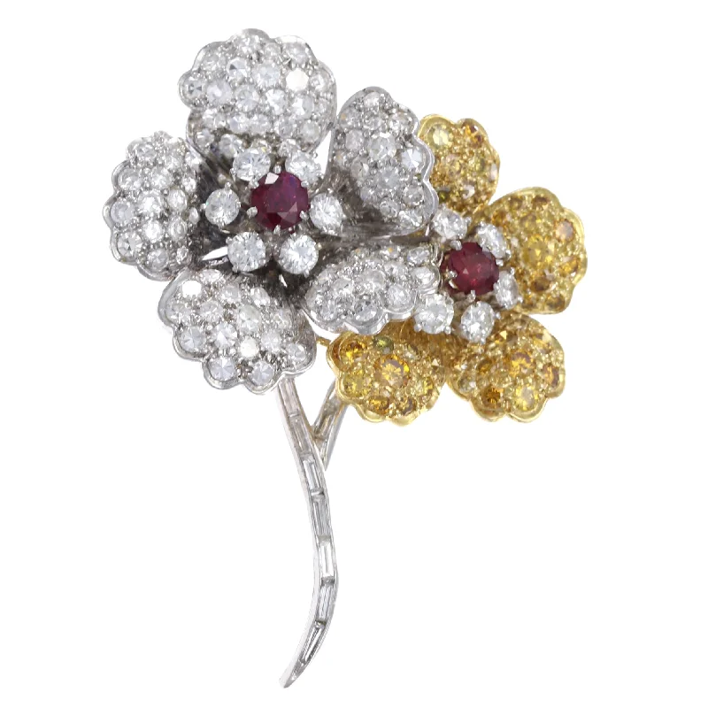 Brooches and pins featuring peridot for green glow -6.55CTW Fancy Yellow Diamond Ruby Large Flower Brooch Pin Solid 18k White Gold