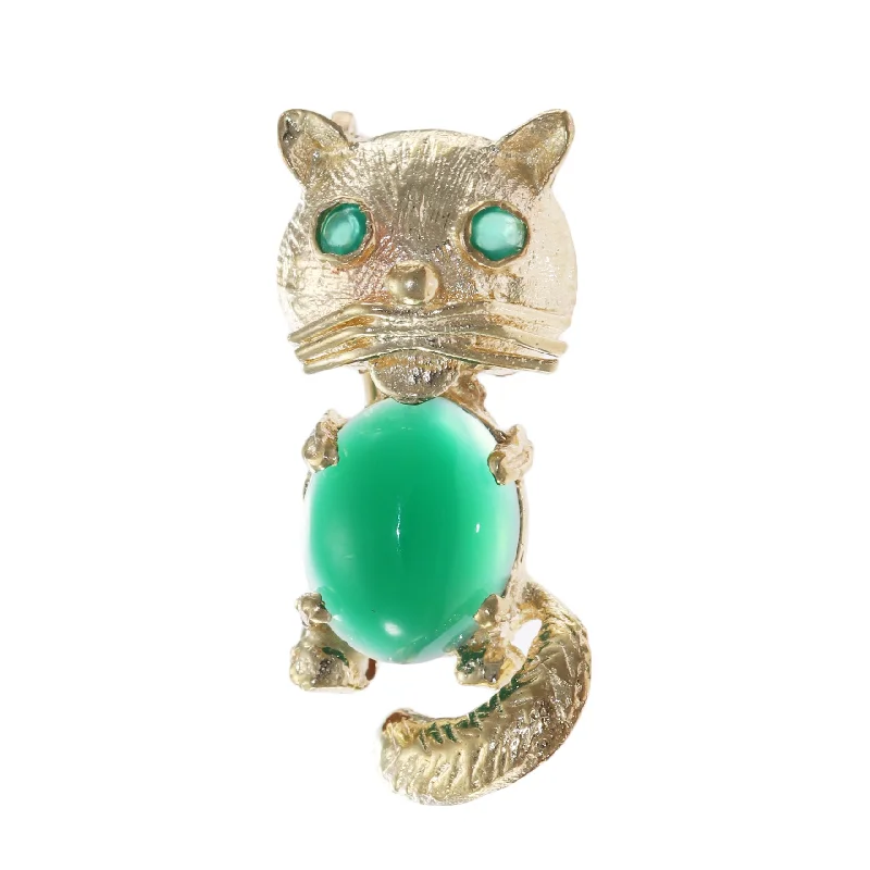 Brooches and pins featuring citrine for golden warmth -Chrysoprase Emerald Whimsical Cat Brooch Pin Solid 14k Yellow Gold 3.00g