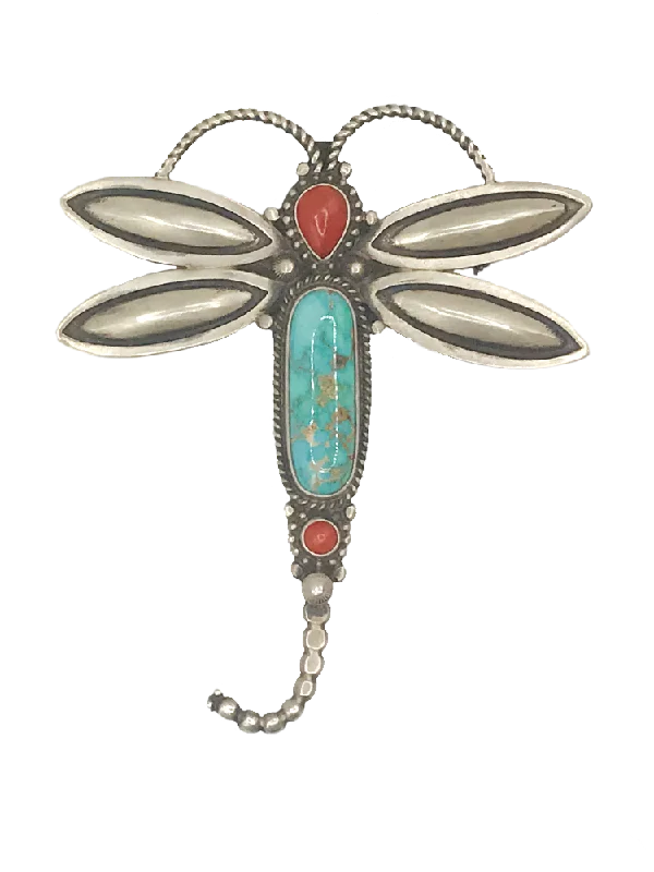 Brooches and pins featuring hematite for dark glow -Darling Dragonfly Pin with Turquoise + Coral