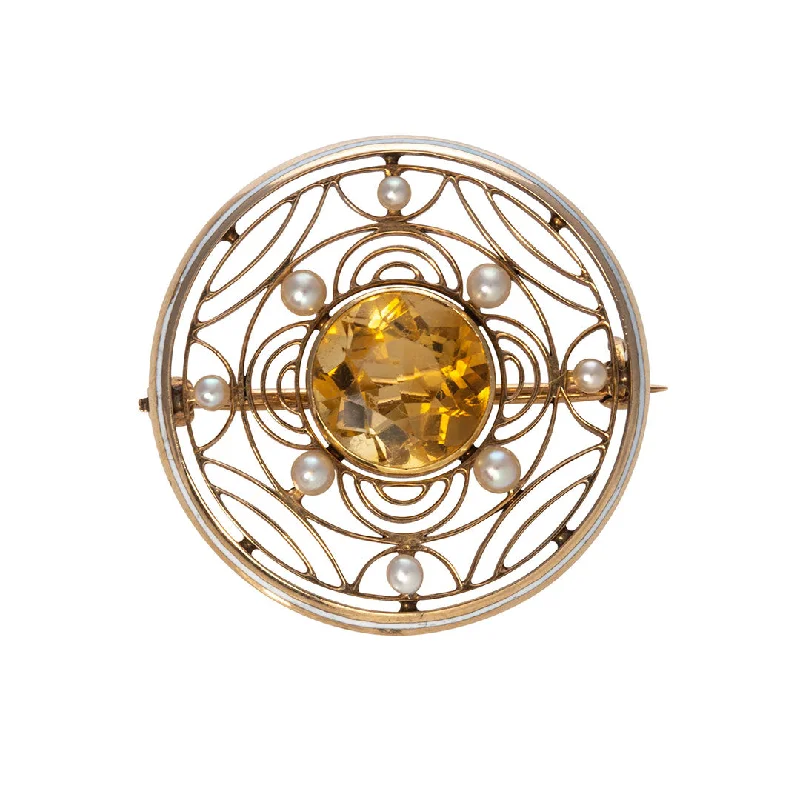 Dainty brooches and pins ideal for subtle style -Edwardian Citrine, Pearl & Enamel 14K Gold Circle Pin