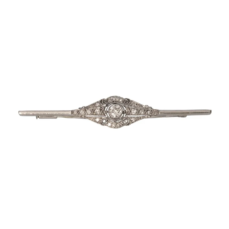 Brooches and pins featuring black onyx for contrast -Edwardian Diamond 14K White Gold Bar Brooch Pin