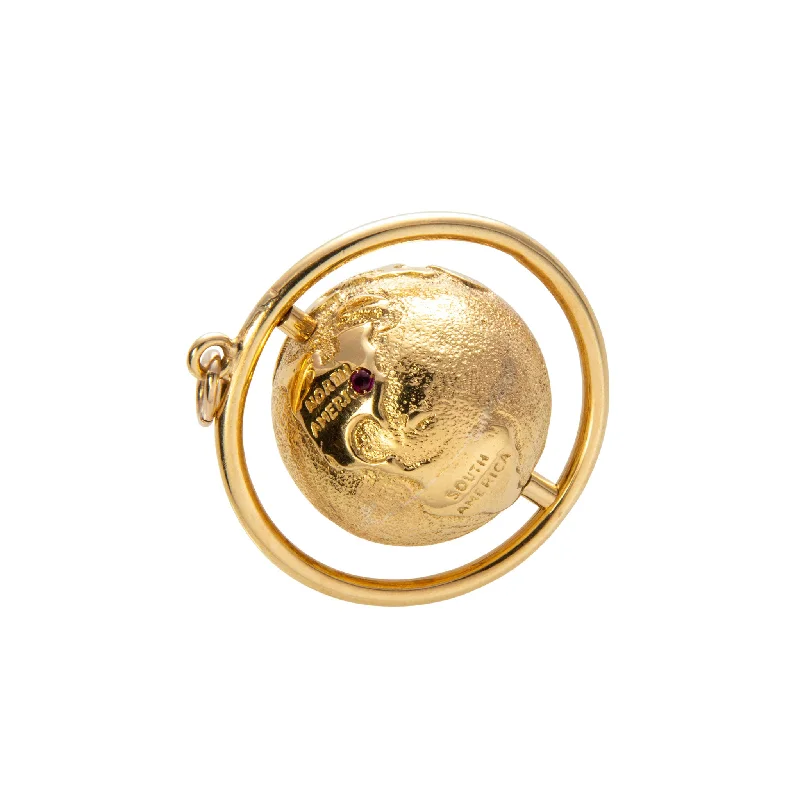 Gothic brooches and pins with dark stone vibes -Vintage 18K Yellow Gold Spinning Globe Charm