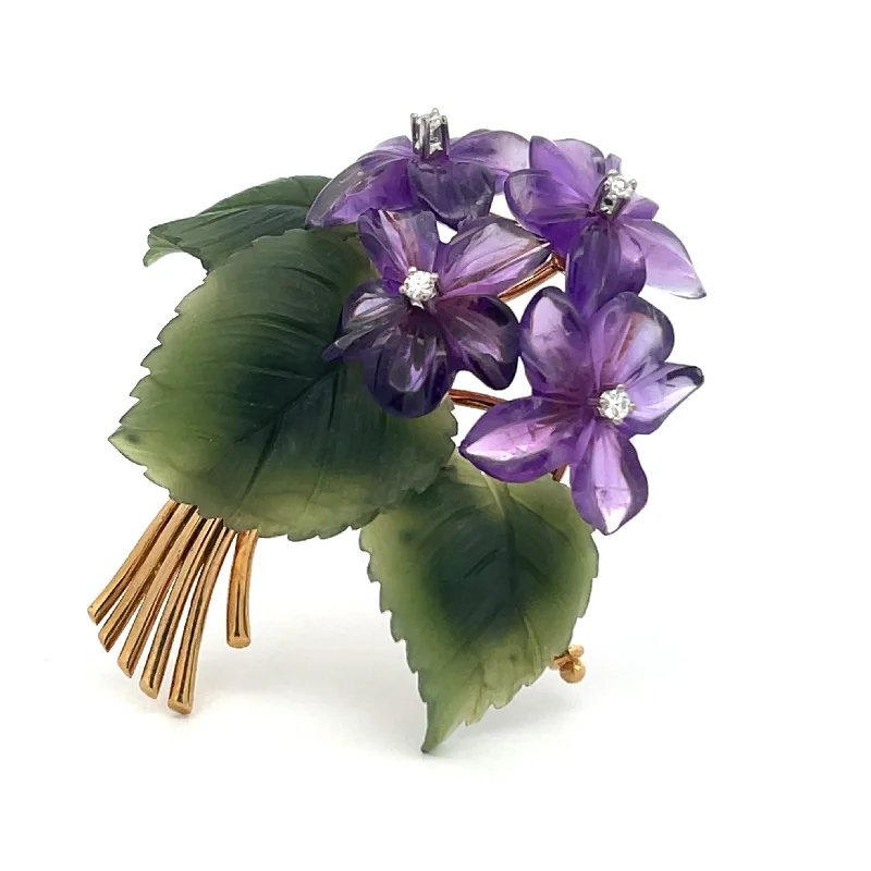 Sculpted brooches and pins with carved stone details -JBH Pin Amethyst Carved Flowers