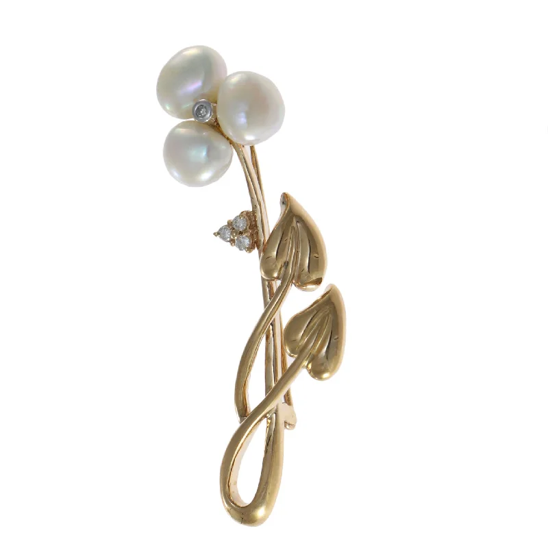 Brooches and pins made with recycled eco metals -Lily Flower Baroque Pearl Diamond Brooch Pin 14k Yellow Gold Womens Vintage