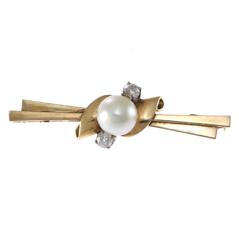 Brooches and pins featuring aquamarine for cool tones -Old European Diamond Pearl Brooch Pin 14k Yellow Gold 1940s Antique Art Deco