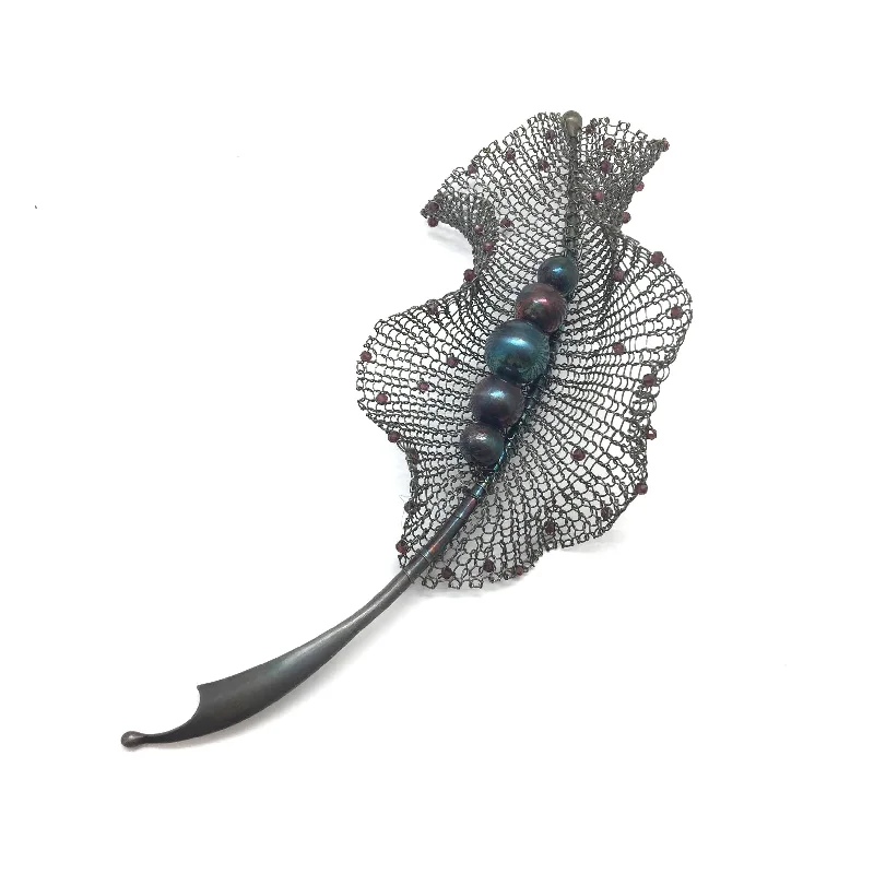 Sleek brooches and pins with floating stone settings -Oxidized Leaf Pin