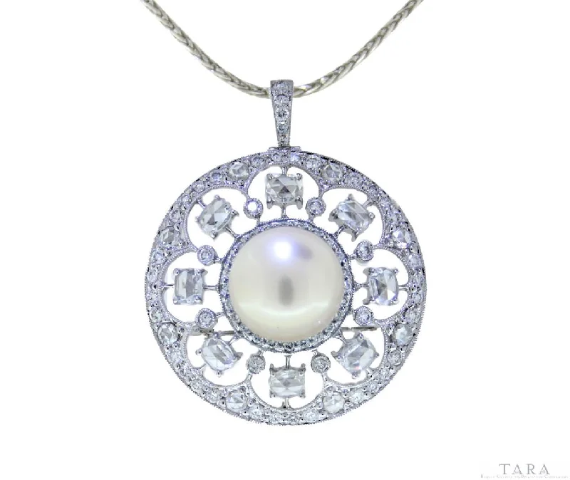 Brooches and pins with white gold for chic -Tara 11-12mm Open Work White South Sea Pearl and Diamond Pin/Pendant