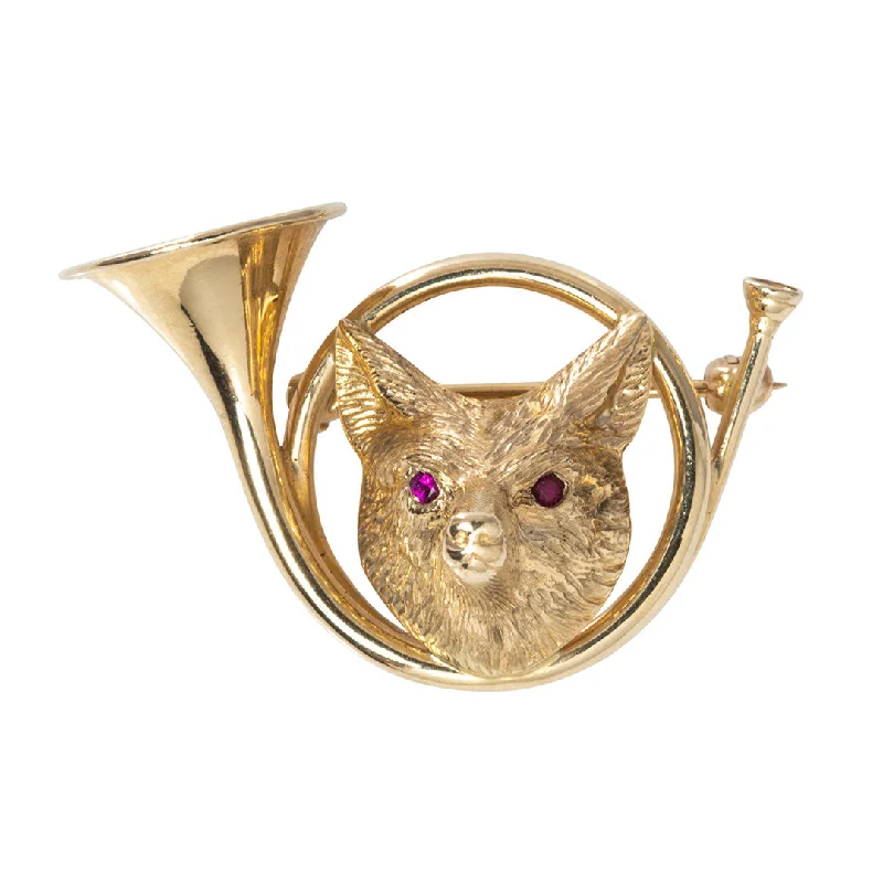 Layered brooches and pins perfect for outfit stacking -Victorian Fox Head & Hunting Horn 14K Yellow Gold Pin