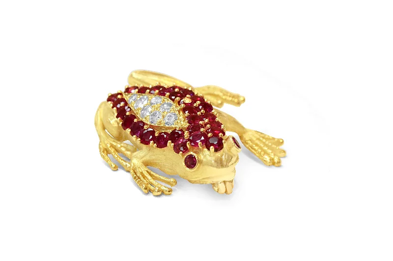 Brooches and pins inspired by sea stone hues -WHIMSICAL RUBY AND DIAMOND FROG PIN